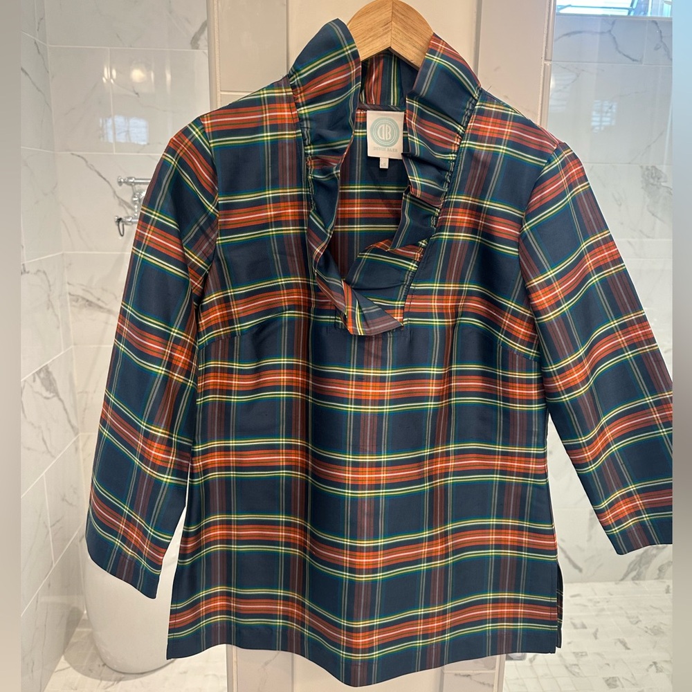 Devon Baer Silk Plaid Ruffle Neck Tunic